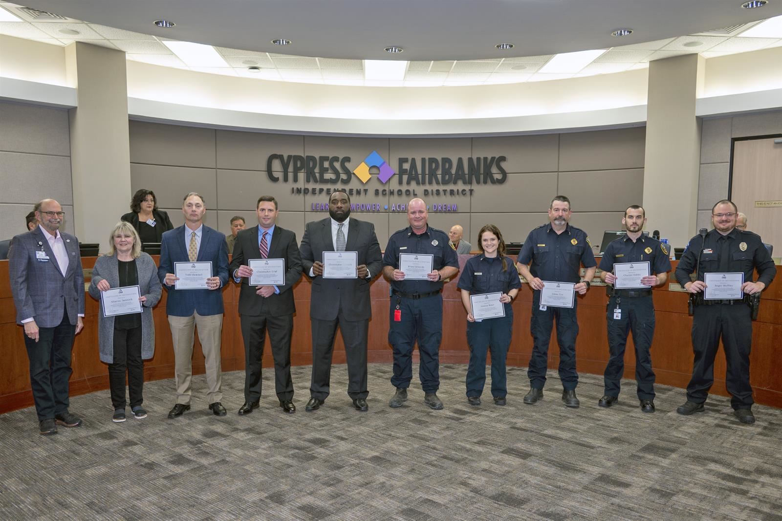  Five CFISD staff members and four members of the Cy-Fair Fire Department were recently recognized.
